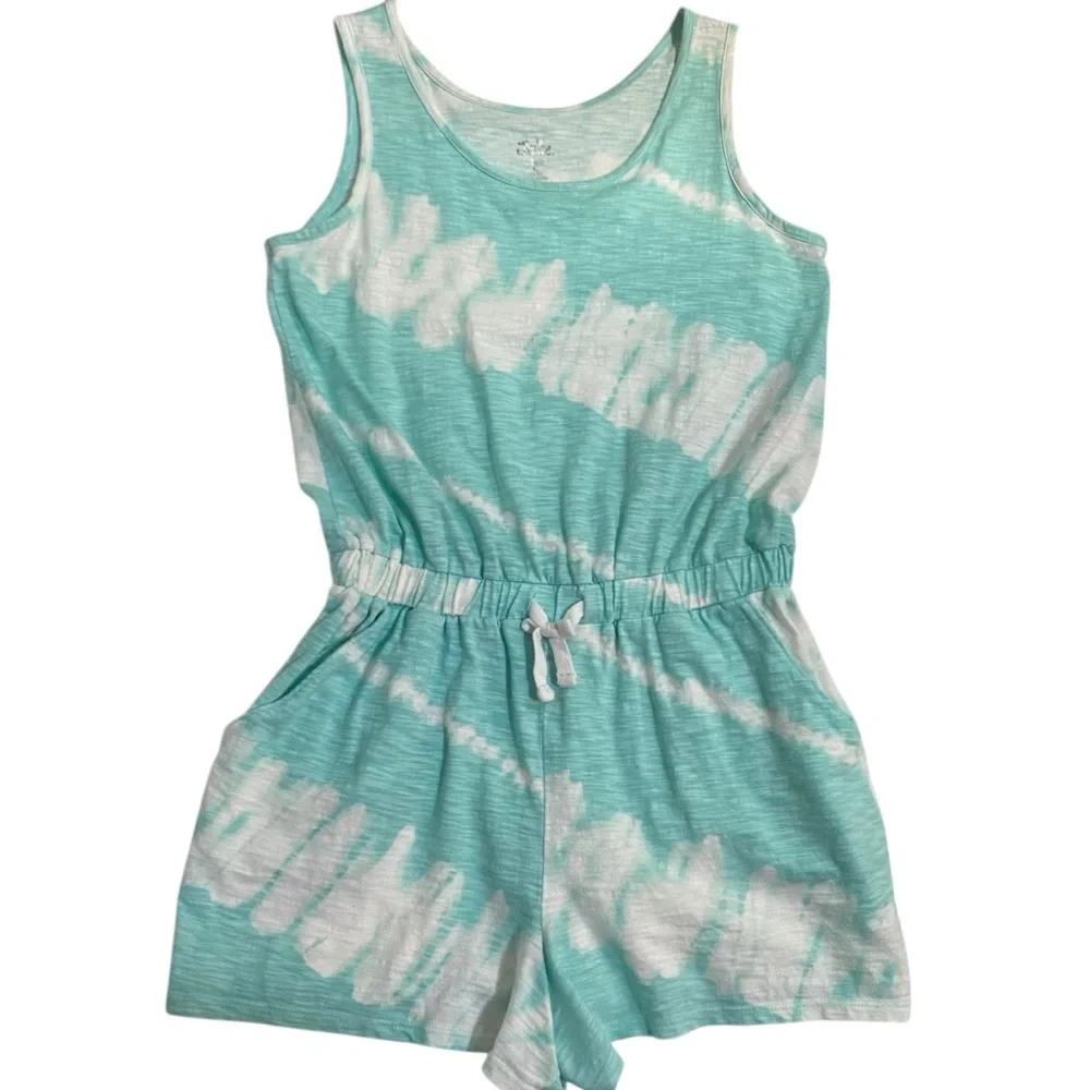 Justice Romper Shorts Tank Style Aqua and White Tie-Dye Size 12/14 Large Girls